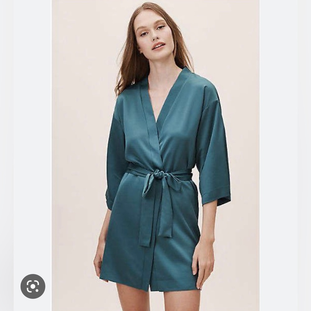 Flora Nikrooz Anthropologie Green Teal Silk Kimono Robe Bathrobe Medium NWOT